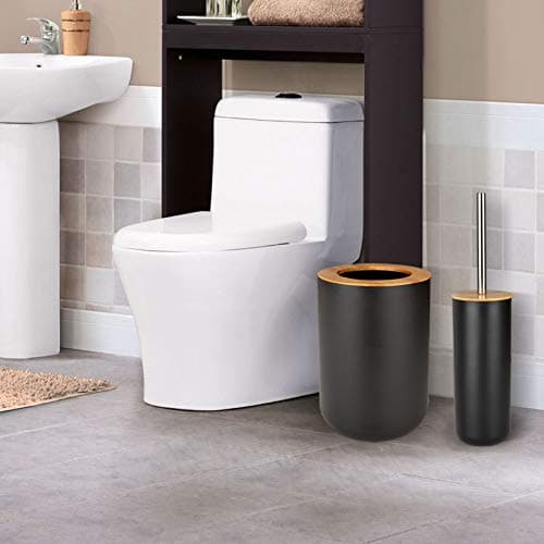 Ensemble Salle de Bain Accessoires en Bambou - 6Pièces Accessoire Salle de Bain Noir Contient Bouteilles de Lotion, Porte-Brosse à Dents, Tasse à Dents, Porte-Savon, Brosse de Toilette, Poubelle