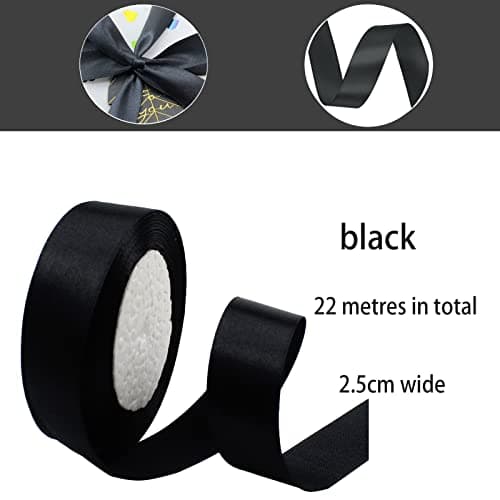 POPOYU Ruban Satin 25mm, 23 mètres Noir Rubans de Tissu pour Emballage des Cadeaux pour Fête Noël Halloween, Artisanat, Bouquets, Projets de Couture, Anniversaire et Mariage Gâteau Décoration