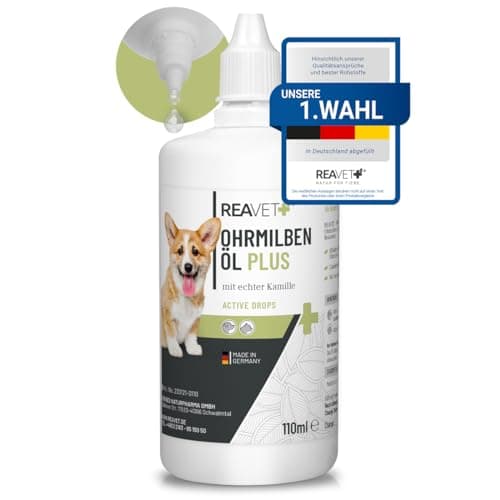 ReaVET Huile d'acariens Plus 110 ML - Produit Efficace immédiat pour Chiens, Chats et Animaux domestiques - Contre Les acariens à la Camomille - Soin Doux pour Les démangeaisons dans l'oreille