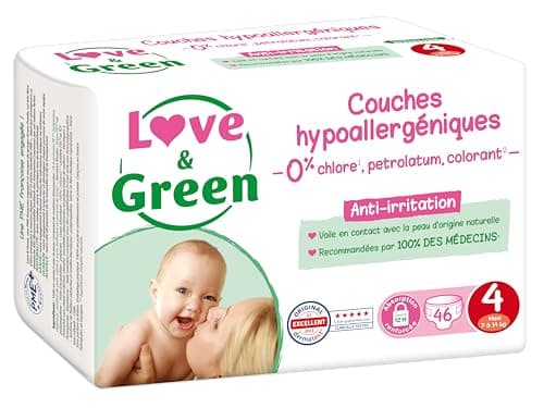 Love & Green - Couches Bébé Saines et Ecologiques - Taille 4 (7-14 Kg) - Pack 1 Mois (184 Couches) - Absorbante, anti-fuites et sans ingrédients indésirables