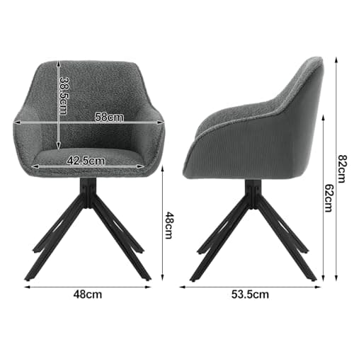 WOLTU Chaise Salle à Manger Pivotante, Lot de 2, Chaise Cuisine, Chaise Scandinave, Ergonomique, avec Dossier et Accoudoirs, Pieds en Métal, Tissu Bouclette, Gris Foncé, EZS11dgr-2