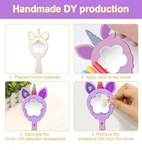 Lot de 12Kits Bricolage Miroir Kits,Licorne Artisanat en Bois à Peindre- Miroir en bois à peindre - Pour enfants - Cadeau de Fête - Kit de Bricolage en Bois Pour Enfants