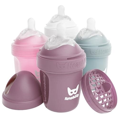 Herobility Double Anti-Colic Baby Bottles – 5 fl oz/140ml – 4-Pack – Multicolor – White, Gray, Pink, Hawthorn Rose