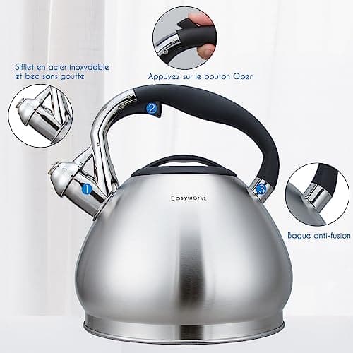 Easyworkz Bouilloire sifflante en acier inoxydable de qualité alimentaire avec sifflet puissant, 3,0l, argenté