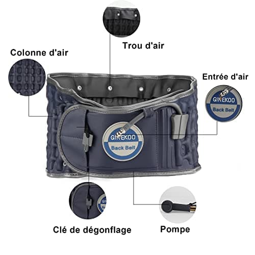 Ginekoo Ceinture de décompression pour le dos – Ceinture de traction à air de la colonne vertébrale pour soutien lombaire et douleurs lombaires – Ceinture de traction lombaire – Bleu (73,7 à 124,5 cm)