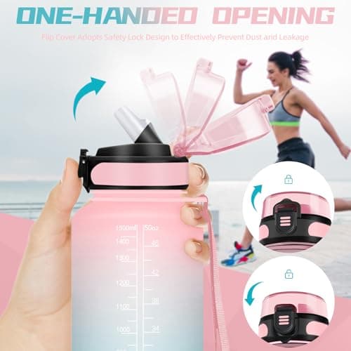 Gourde 1.5L, Gourde Sport avec Paille, Gourde Motivation anti Fuite, avec Marqueur de Temps, Gourdes de Camping et Randonnée, Facile à Nettoyer, Gourde Adulte pour Yoga, Running, Camping, Rose-Cyan