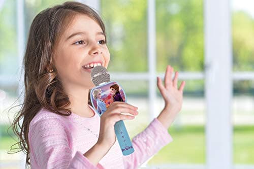 Lexibook- Microphone Bluetooth La Reine des Neiges 2 Elsa Anna Olaf avec Fonction Changement de Voix, Porte-téléphone Inclus, Enceinte intégrée, Bleu, MIC240FZ