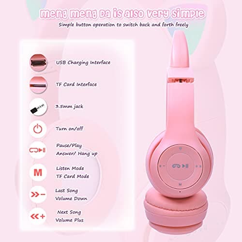 Casque pour Enfants sans FI, Megadream Casque Cat Pliable avec LED Flash Lumières Glow pour Enfants 8+, 3.5mm Jack, SD Carte Slot pour PC, Tablette, Smart Phone (Rose)