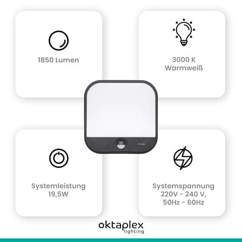 oktaplex lighting Cera Lampe murale d'extérieur avec détecteur de mouvement IP54 3000 K blanc chaud 1850 lm Anthracite 19,5 W 230 V