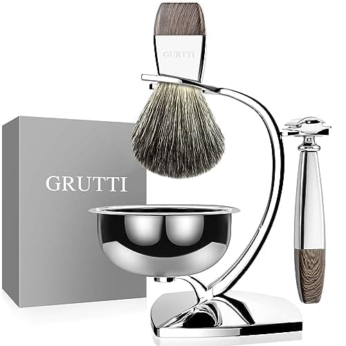 GRUTTI Ensemble de rasage, rasoir de luxe chromé et support de brosse avec bol de savon et brosse de rasage pour cheveux de blaireau et lame double tranchant compatible avec rasoir de sûreté