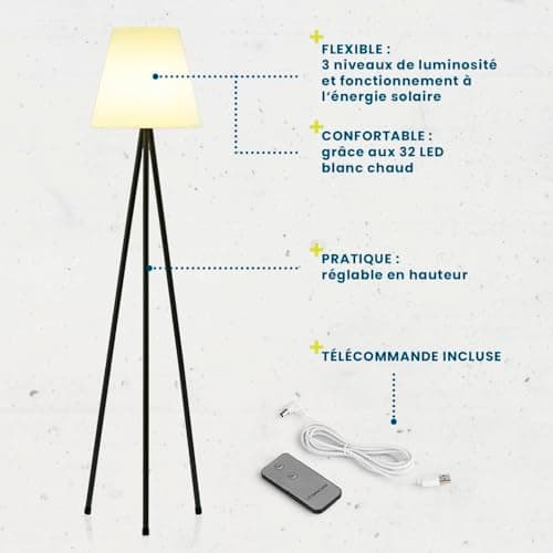 Hoberg Solar Lampadaire | Sans fil & Variable | LED blanc chaud | Batterie rechargeable par énergie solaire & USB | Avec télécommande & capteur de lumière | Pour l'intérieur & l'extérieur [IP44]