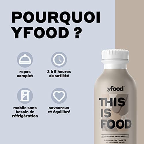 yfood Cold Brew Coffee, repas prêt à boire, THIS IS FOOD, substitut de repas, 34 g de protéines, 26 vitamines et minéraux (12 x 500 ml), goût café avec caféine