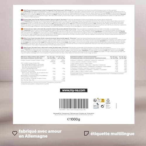 Protéine Whey en poudre – Chocolat – 1kg – 23g de protéines par portion – pour votre construction musculaire, hautement dosé – produit et contrôlé en laboratoire en Allemagne