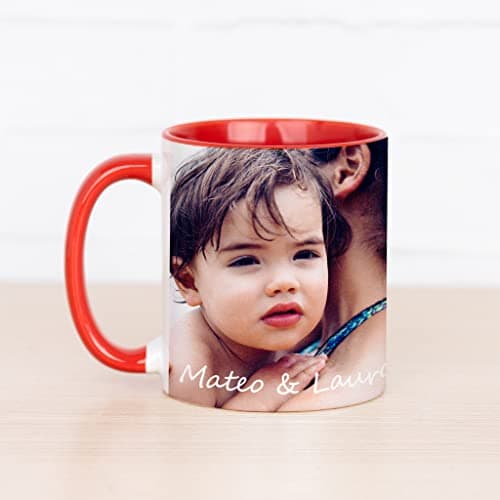 Wanapix | Tasse Personnalisée avec Photo et Texte | Tasse à Café Personnalisable | Céramique Mug | Cadeau Original | Va au micro-ondes | 325ml | Intérieur et Poignée Rouge