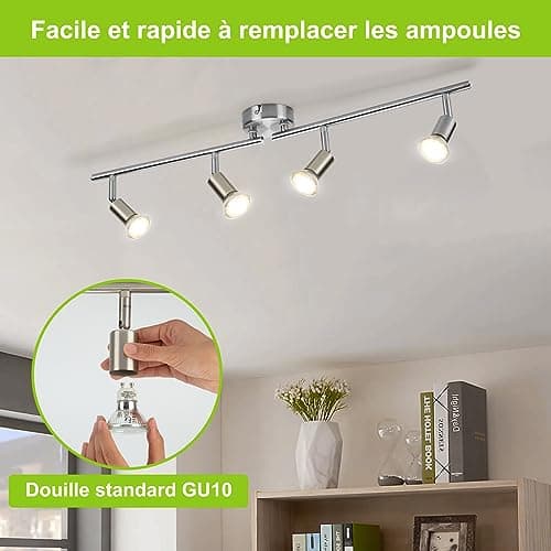 Bojim Plafonnier LED 4 Spots Orientables Pivotants, Nickel Mat Éclairagede Plafond pour Cuisine, Salon, Chambre, 4 x Ampoules LED GU10 incl (6W, 550lm, 4000K Lumière Blanche, Non Dimmable)