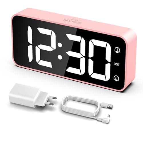 LATEC Réveil Numérique, Réveil LED avec Adaptateur, 0-100% Luminosité et Volume Réglable, 5,8" Grand écran Horloges avec 2 Alarmes, Fonction Snooze, 12/24H pour Bureau de Chambre(Rose)