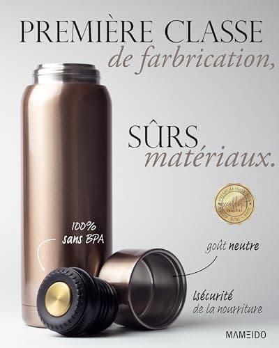 MAMEIDO Bouteille Isotherme 1l avec Mug en Acier inox, Gourde Isotherme 1l chaude 12h, Thermos 1l étanche 100% sans BPA, café et thé pour la route (Rosé Quartz, 1000ml)