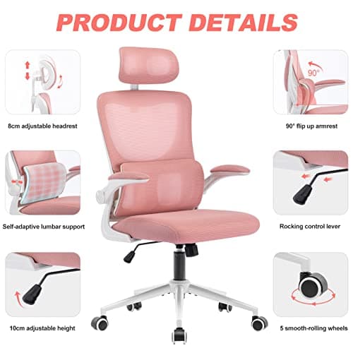 LIYURUI Chaise de Bureau Ergonomique, Chaise de Bureau avec Hauteur et Appui-tête réglables, Support Lombaire, Maille Respirante, accoudoirs rembourrés, Chaise Inclinaison à 125°, pivotante à 360°