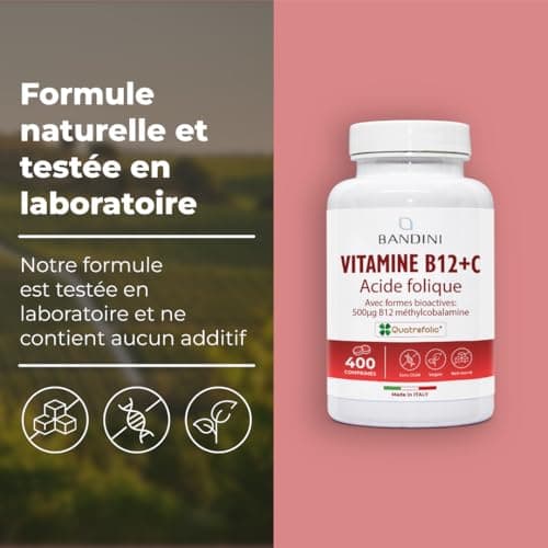 Bandini® Vitamine B12 + Acide folique 400 comprimés vegan (+ 1 An) | Formes bioactives biodisponibles: 500μg de b12 méthylcobalamine, 200μg de folate Quatrefolic ®, 80mg de Vit C | Absorption du fer