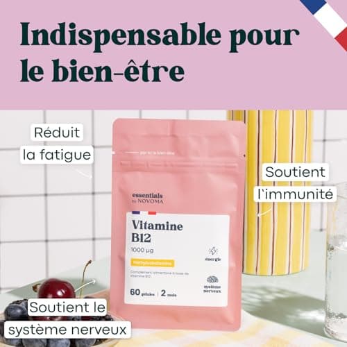 Vitamine B12 1000 μg Vegan, Cure de 2 mois, Réduit la Fatigue & Soutient le Système Nerveux, 60 Gélules Végétales, 100% Méthylcobalamine Pure et Biodisponible, Essentials by Novoma