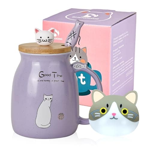 Chat Tasse Jolie tasse à café en céramique avec couvercle et cuillère en bois chat kawaii Nouveauté Morning Cup Tasses à thé au lait au café Tasses de chat pour les amoureux des chats Femmes (mauve)