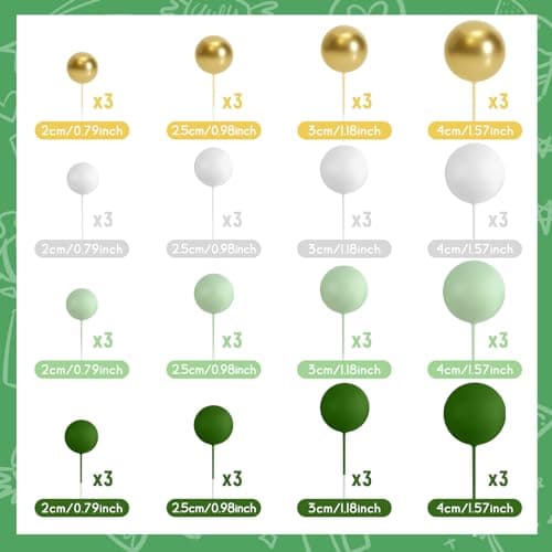 BOUBONI 48 Pièces Boules de Décoration de Gâteau Décorations de Cupcake en Ballon Boules de Gâteau pour Fête d'anniversaire Décoration de Gâteau d'Anniversaire(Vert, Vert Clair, Blanc, Or)