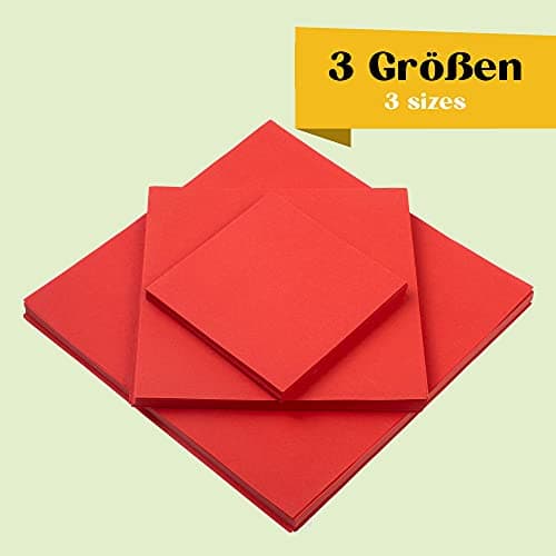 Tritart Origami Papier rouge | 225 feuilles de papier pliable double face origami rouge | Lot de papier de bricolage 80 g/m2 | 75 feuilles 20 x 20 cm et 15 x 15 cm et 10 x 10 cm (rouge)