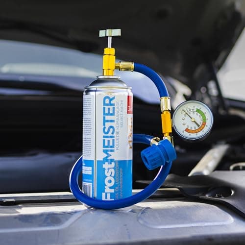 FrostMEISTER Kit de recharge 3 en 1 pour climatiseur de voiture R134a (1995-2016) - 2 canettes de 400 ml et tuyau avec manomètre - Remplacement du réfrigérant, de l'huile et du mastic - Utilisation