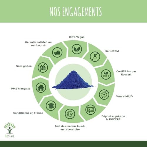 Spiruline Bleue Bio - Bioptimal - En Poudre - 30% Phycocyanine Blue 80% Protéines - Colorant Alimentaire Bleu Intense - Cuisine Recette - Contrôlé et Conditionné en France - Certifié Par Ecocert - 50g