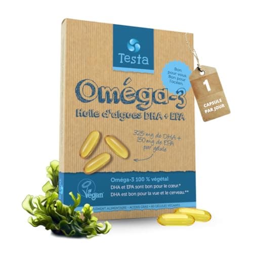 Omega 3 Vegan - Huile d'Algue haute concentration - 325mg DHA + 150mg EPA par capsule - Bénéfique pour le Cœur, le Cerveau et les Yeux - 100% Végétal - 60 capsules (2 Mois)