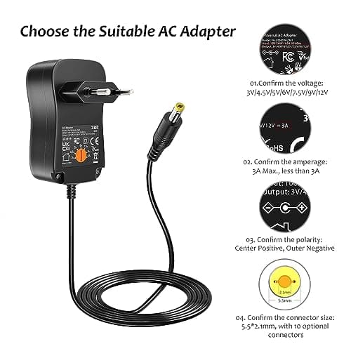 Zolt 36W Adaptateur Secteur Universel AC à DC 3V 4.5V 5V 6V 7.5V 9V 12V 3A Transformateur d'alimentation à Découpage avec 10 Connecteurs DC pour électroniques, 3000mA Max.