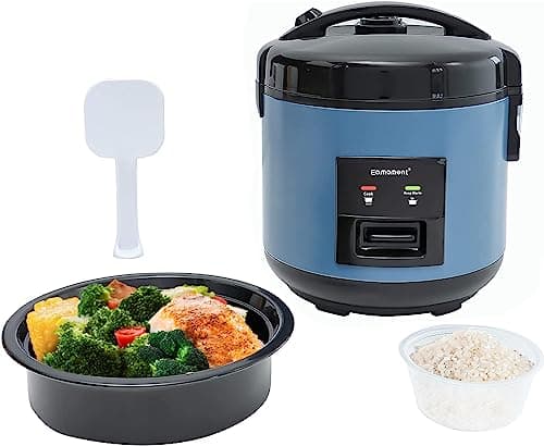 Eamoment DRC-5020BL 1 l | Cuiseur à riz et cuiseur vapeur 400 W (1 l à 5 tasses) pour 1 à 5 personnes Cuisson rapide sans brûler Revêtement antiadhésif amovible, cuillère à riz et gobelet doseur, bleu