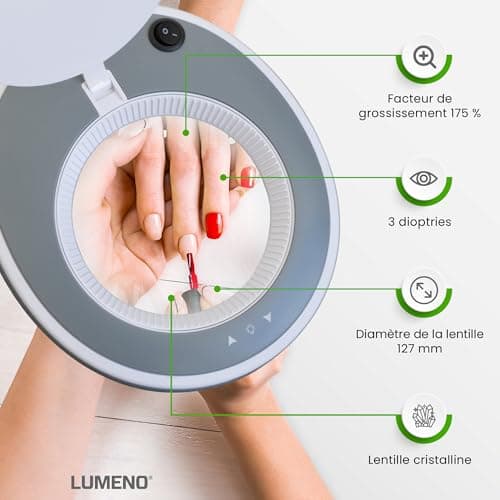Lumeno 8213GR LED Lampe loupe pour poste de travail, lampe cosmétique, intensité lumineuse réglable, lentille en verre transparent de 127 mm, aide à la lecture/loupe, 3 dioptries