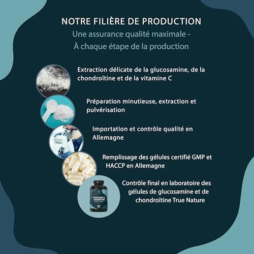 Glucosamine & Chondroïtine, Vitamine C - 1580mg - Santé des Articulations & Formation du Cartilage - 360 Gélules - Qualité Pharmaceutique - SANS: Additifs, Gluten & Lactose - TRUE NATURE