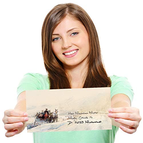 Set complet de 40 pièces Motif d'hiver, CALÈCHE DANS LES BOIS Variante A Saisons - Hiver 20 feuilles de papier à lettres et 20 enveloppes DIN LONG sans fenêtre | Paper-Media