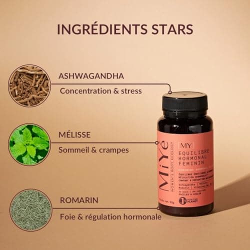 Equilibre hormonal ménopause, spm | Ashwagandha KSM-66, Mélisse, Romarin, Vitamines B6, B9 & D | 180 gélules vegan, 45 jours | MiYé