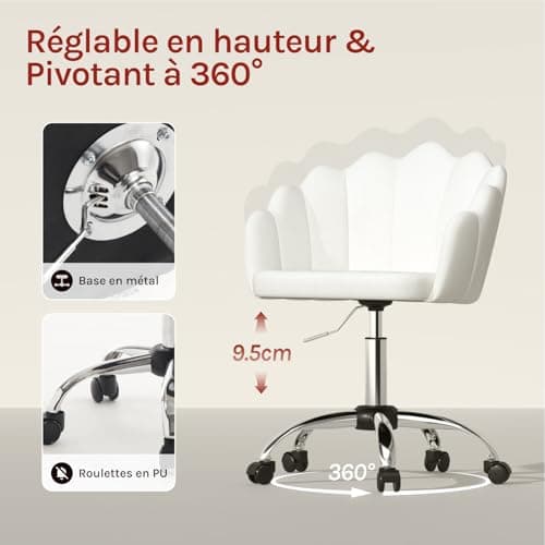 WOLTU Chaise Bureau, Chaise Coiffeuse, avec Dossier en Pétale, Fauteuil Coquillage, Chaise de Bureau Ergonomique, Chaise Velours Pivotante, Hauteur Réglable, Cadre en Métal, Crème Blanc BS152cm