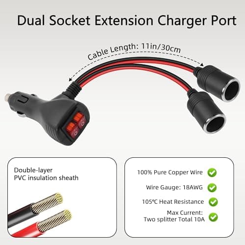 GELRHONR Répartiteur allume-cigare de voiture DC 12 V, prise allume-cigare 2 voies avec double interrupteur indépendant, câble d'extension double adaptateur allume-cigare avec fusible 10 A - 30 cm
