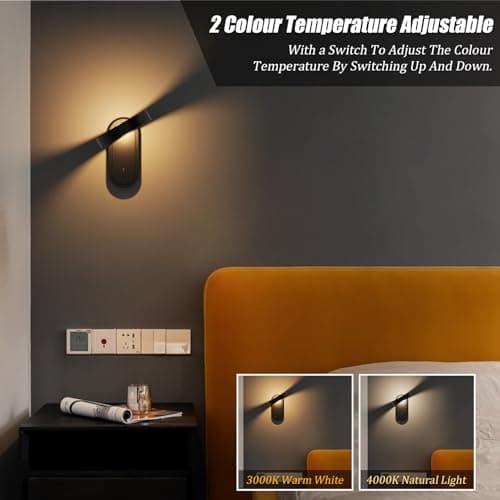 Klighten LED Applique murale Interieur, 3000K/4000K Lampe Murale, Luminaires intérieur 330° Orientable, avec interrupteur, pour Chambre Salon Escalier, Lumière Chaude/Naturelle, Noir, Aluminium, 5W