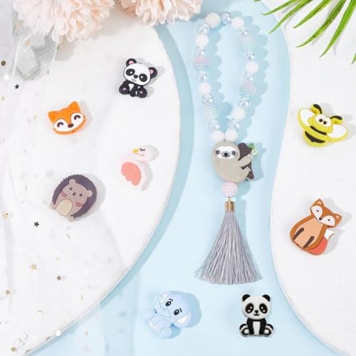 SUNNYCLUE 1boîte 15pcs Perles de Silicone Animal Mignon Perles Focales en Silicone en Vrac Grande Perle Licorne Miel Abeille Renard Panda Grosses Perles Flamant Rose Ours Perles en Caoutchouc