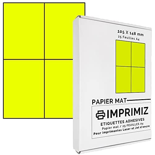 100 étiquettes autocollantes Jaune fluo de 105 X 148,5 mm - 4 étiquettes/feuille - 25 planches papier A4 adhésif couleur - pour impression Laser et Jet d'encre