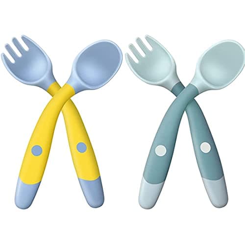 Clyhon Cuillères Bébé Silicone,4pcs Cuillere Bébé Souple Cuillère de Formation avec Fonction Bendable,Facile à Tenir, Parfait Auto-alimentation Cuillères D'apprentissage (Vert+Jaune)
