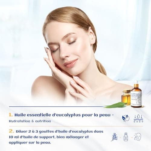HIQILI Huile Essentielle Eucalyptus 100ML, 100% Naturelle, Huile d'aromathérapie Pour Le Visage, La Fabrication de Bougies, Le Diffuseur, La Peau et Les Cheveux - 3.38 Fl Oz