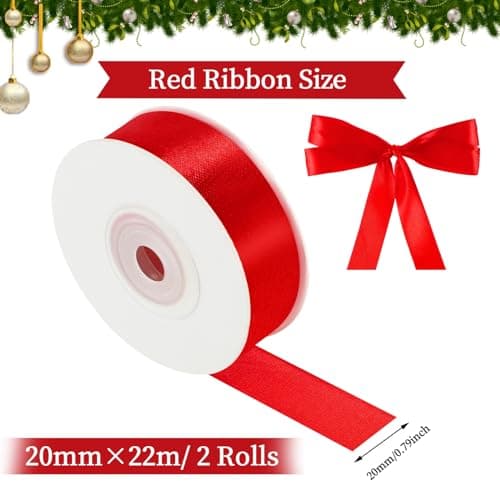 2 Rouleaux Ruban Rouge Noel, 2cm X 22m Ruban Satin Rouge Ruban Cadeau Noel, Noeud Rouge Noel pour Emballage Cadeau Noël Fête Mariage Valentin Gâteau Bouquet Faire