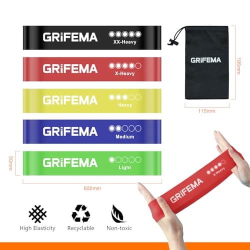 GRIFEMA GA5001, 5 Bandes Élastiques de Musculation, 5 Niveaux de Résistance pour la Musculation, Le Pilates, Le Yoga et Plus Encore, Vert-Bleu-Jaune-Rose-Noir