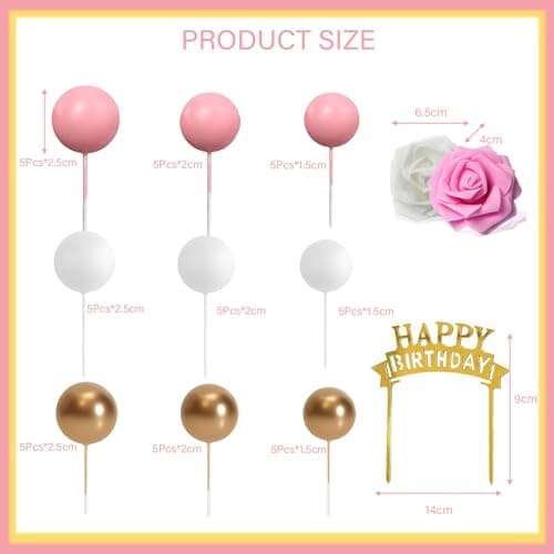 Lot de 48 boules de décoration de gâteau, Happy Birthday décoration de gâteau pour Anniversaires, Boules en mousse rose blanc et doré pour Fête d'anniversaire pour Shower de bébé Mariage