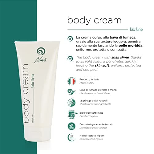 Nuvo' Bave d Escargot Crème Corps BIOLOGIQUE CERTIFIÉ 200ml, Acide Hyaluronique, Aloe, 12 Ingrédients Actifs Naturels, Hydratante, Nourrissant Protecteur, Contre les Vergetures 100% Made in Italy