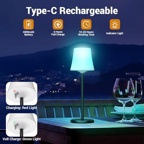 Ainostone 2 Pcs Lampe de Table Sans Fil Avec 3 Température de Couleur +RGB LED Lampe de Chevet Rechargeable Infinite Dimmable Contrôle Tactile IP54 Etanche pour Exterieur Chambre Nouvelle Année Deco