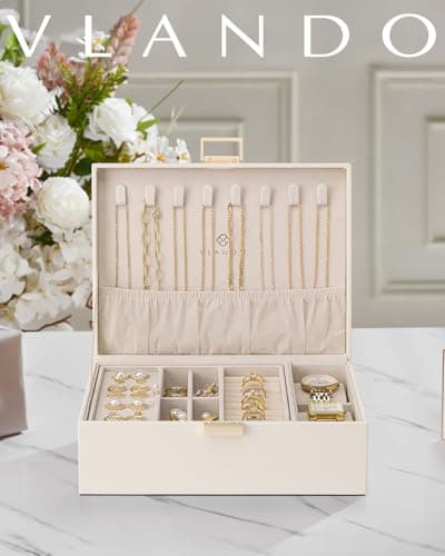 Vlando Boîte à bijoux en cuir à 2 niveaux pour femme et fille avec 2 coussins de montres, organisateur de bijoux, boîte à bijoux, idée cadeau, pour montres, bagues, boucles d'oreilles, colliers