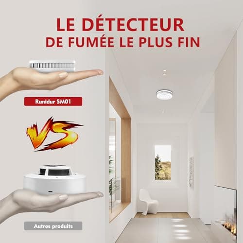 RUNIDUR Détecteur de Fumée de Set sans Fausses Alarmes, Alarmes D'incendie sans Clignoter pour Un Collage, des Détecteurs D'incendie pour 10 Ans de Batterie, Blanc, Lot de 3